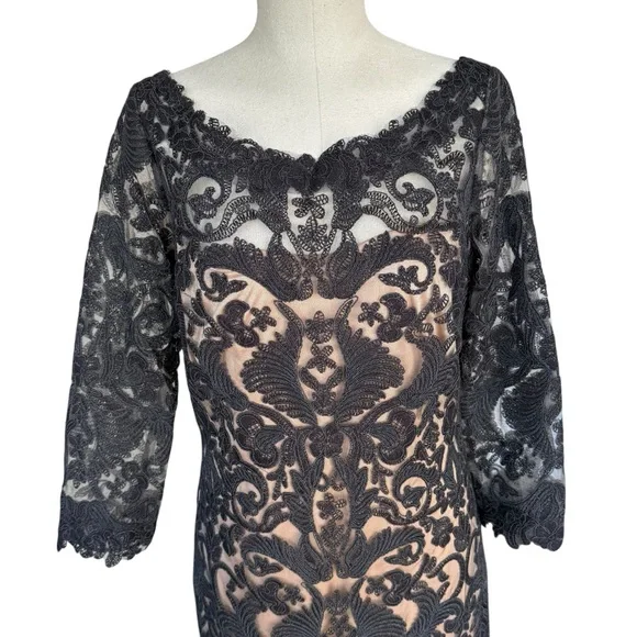 Tadashi Shoji Black Corded Embroidery Tulle 3/4 Sleeve Lace Dress Evening 12 - Picture 2 of 16